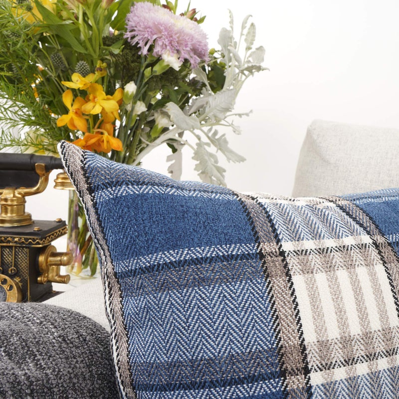 YOUR SMILE Set of 2 Retro Farmhouse Outdoor/Indoor Buffalo Tartan Chequer Stripe Plaid Cotton Linen Decorative Throw Pillow Case Cushion Cover Pillowcase for Sofa Chair,Navy Blue, 22x22 inch - Image 4